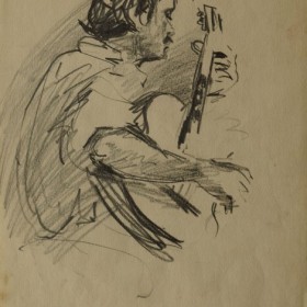 The Portrait of Albert Parsamyan Playing Guitar, an art piece by Minas Avetisyan (1928 -1975)